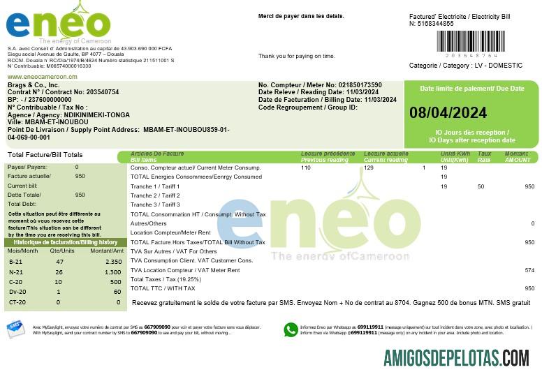 Para baixar modelo de conta de serviço público de eletricidade ENEO de Camarões no Word